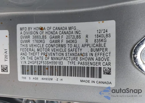 2025 Honda Civic Sport z USA, uszkodzony, nr VIN 2HGFE2F53SH556183